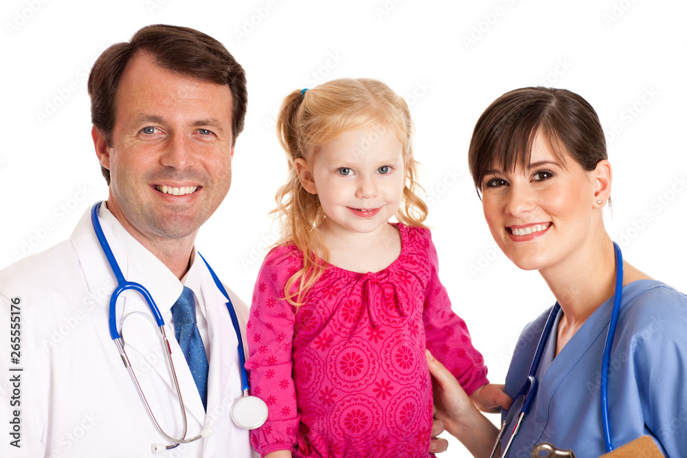 Happy Doctor and Nurse with Little Girl - Medical Healthcare Happy Doctor and Nurse with Little Girl - Medical Healthcare