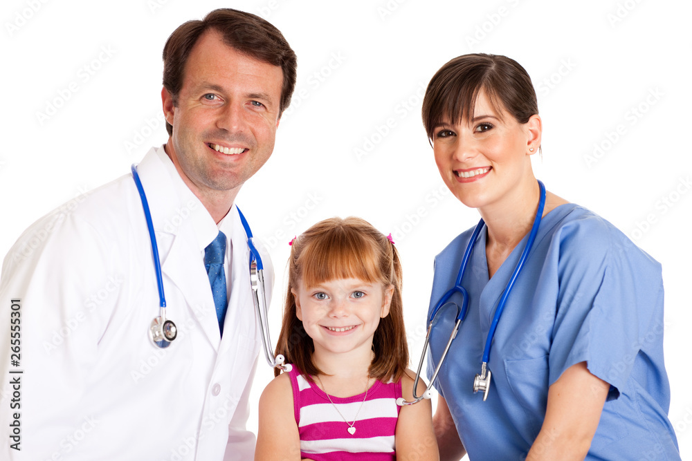 Happy Doctor and Nurse with Little Girl - Medical Healthcare Happy Doctor and Nurse with Little Girl - Medical Healthcare