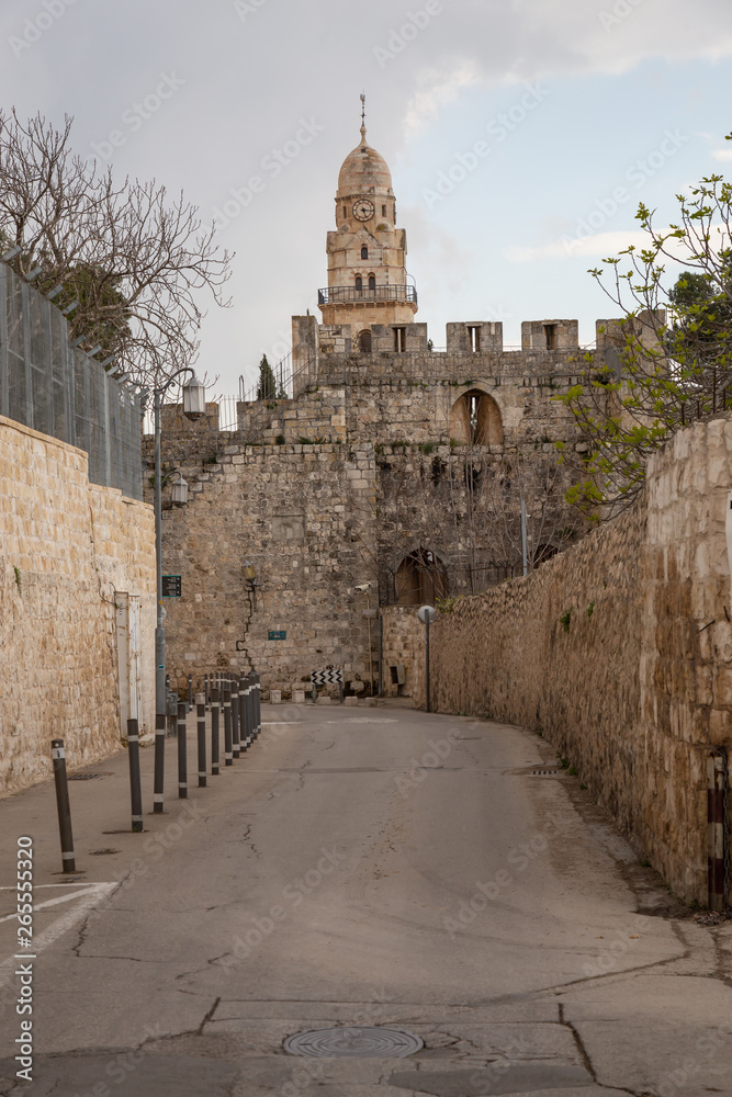 Street view of the Ancient Old City during a cloudy day. Taken in Jerusalem, Israel.
