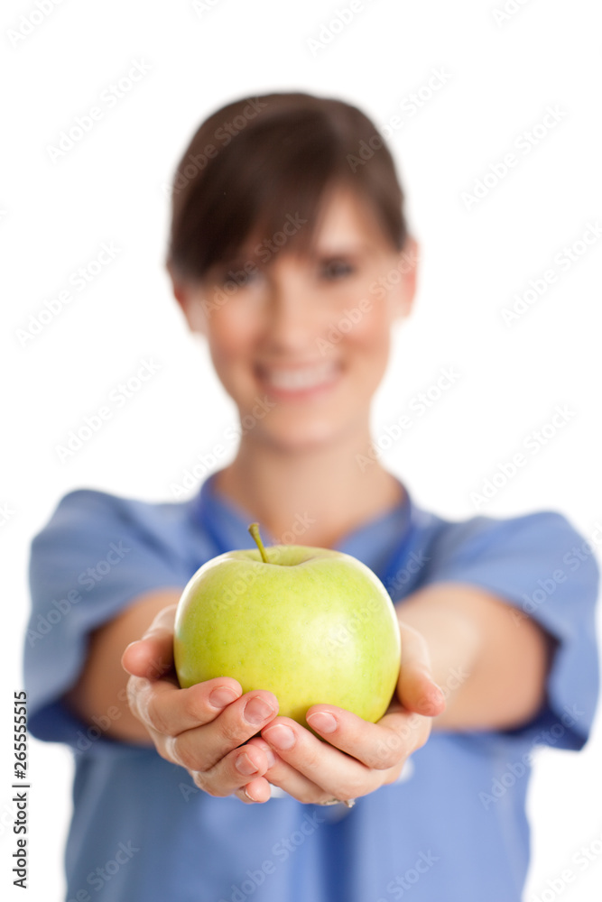 Happy Nurse Holding Green Apple - Healthy Eating Food Happy Nurse Holding Green Apple - Healthy Eating Food