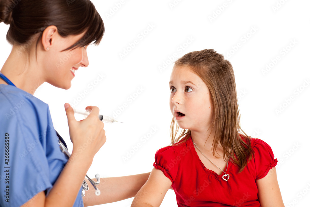 Girl Nervous About Vaccination Shot from Nurse - Medical Healthcare Girl Nervous About Vaccination Shot from Nurse - Medical Healthcare