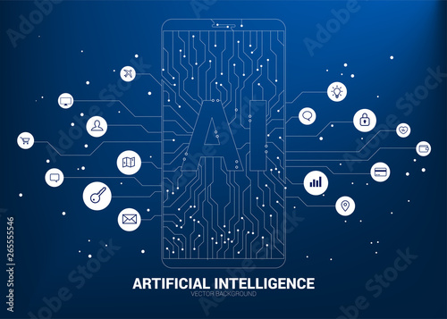 a.i. in mobile phone with circuit line graphic. concept of mobile telecommunication with machine learning. Artificial Intelligence