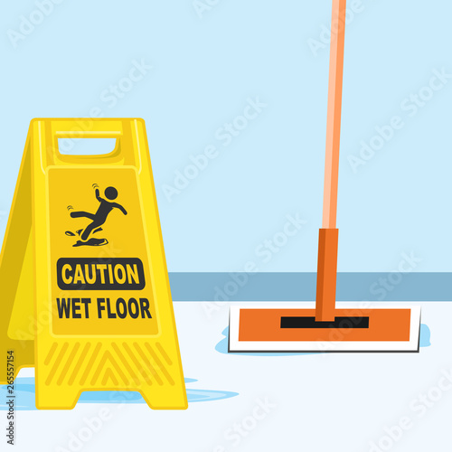 Mop And Sign Wet Floor Vector Illustration