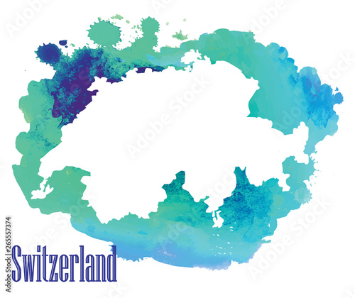 Switzerland. Map of the country. Stylized card and watercolor stains.