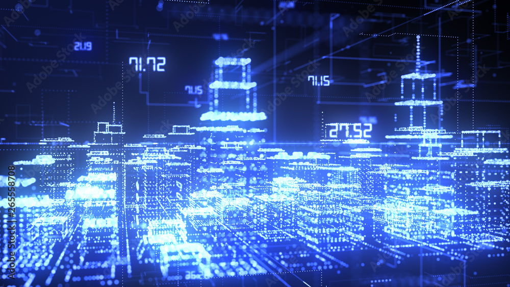 Naklejka premium Smart or digital city buildings hologram wire-frame cityscape in futuristic style - Conceptual graphic illustration 3D render