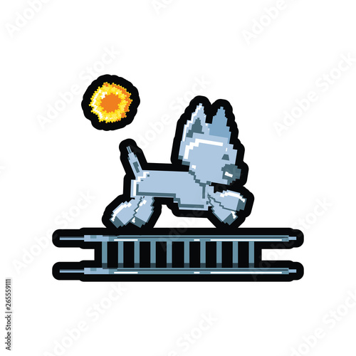 video game pixelated robotic dog in stairs