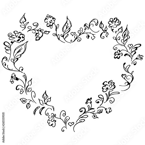 Hand drawn  wreath in form of heart. Floral circle frame design elements for invitations  greeting cards  posters  blogs. Delicate set of flowers  branches and leaves.