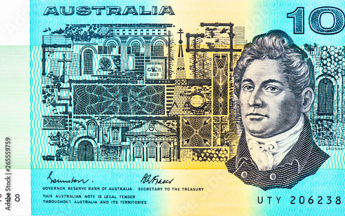 Francis Greenway portrait from old Australian money   on 10 Dollar australia banknote, from Australia money. Close Up UNC Uncirculated - Collection. photo