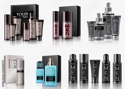 Set of men cosmetic packaging on white background