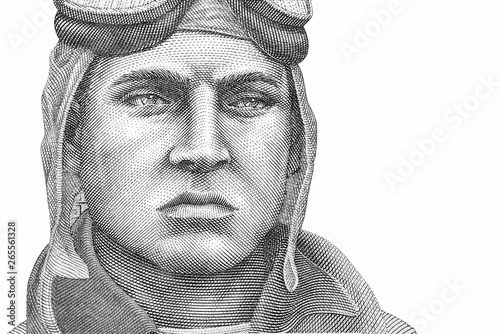 Jose Quinones Gonzales (1914-1941) on 10 Nuevos Soles 2009 Banknote from Peru. Peruvian military aviator and national aviation hero. Close Up UNC Uncirculated - Collection. photo