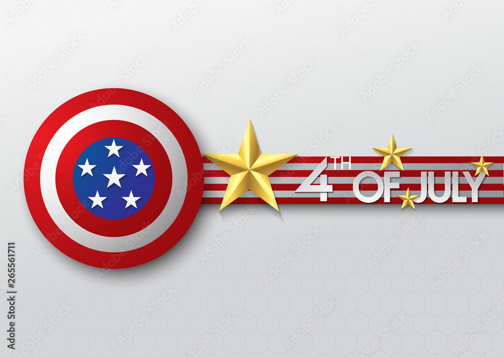 Gold star and Shield of independence day usa celebration banner template . Vector. illustration.on Hexagon blue background.