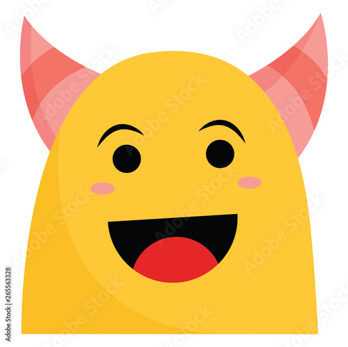 A smiling yellow monster with pink horn vector or color illustration