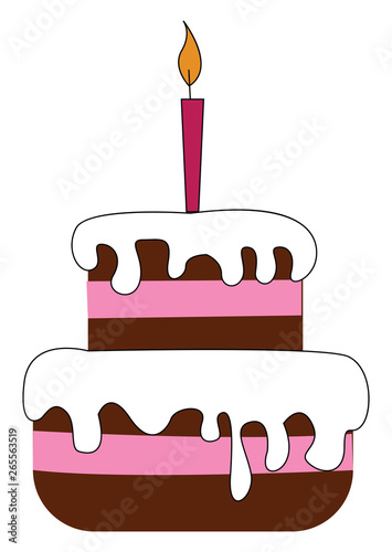 A big fondant cake topped with a glowing pink candle vector or color illustration
