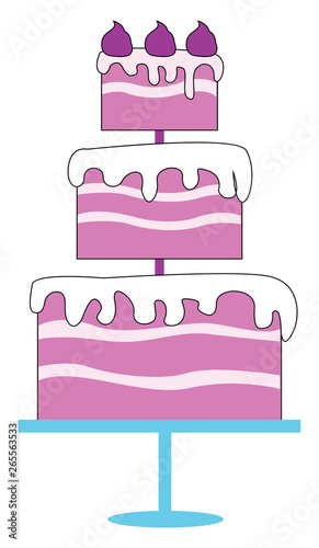 A big pink fondant cake mounted on a blue cake stand vector or color illustration