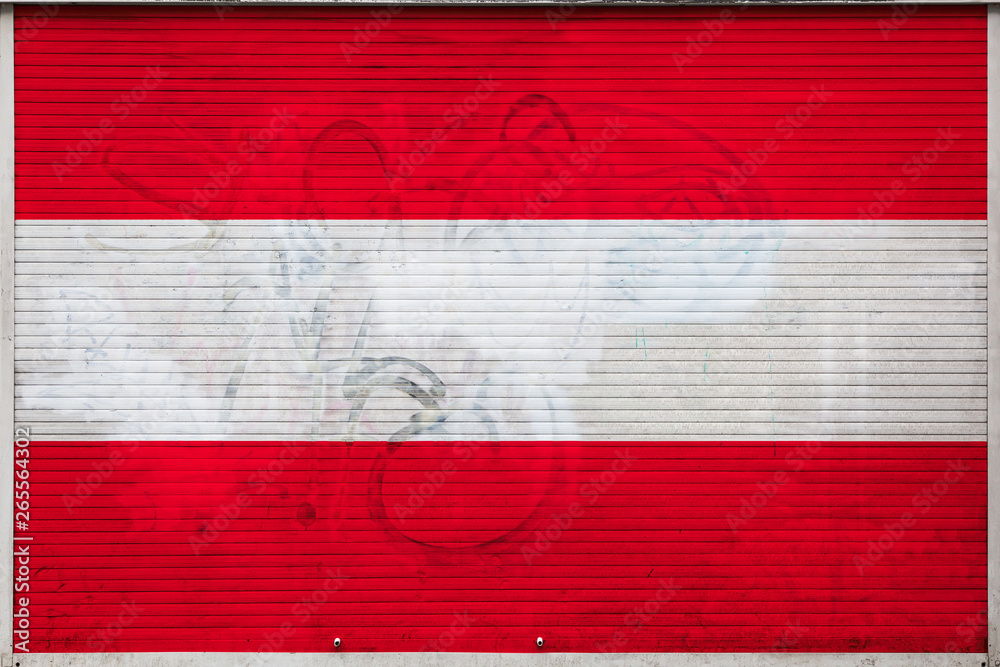 Close-up of old metal wall with national flag of Austria. Concept of Austria export-import, storage of goods and national delivery of goods. Flag in grunge style