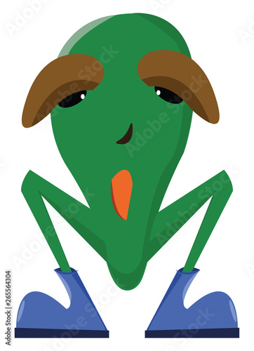 Cartoon green monster in a squat position with blue shoes vector or color illustration