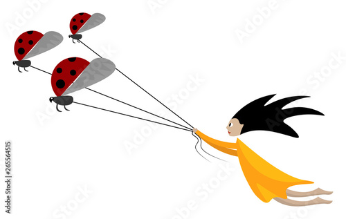 Cartoon funny picture of a girl pulling the three ladybugs tied to individual strings vector or color illustration