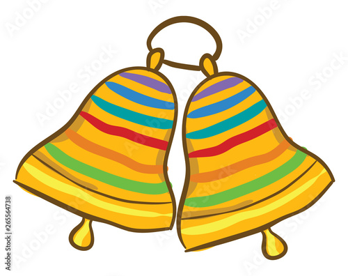 Painting of two ringing golden bells with multi-colored bands design vector or color illustration