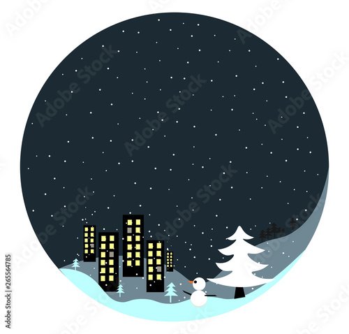 Portrait of a winter town at night over dark background vector or color illustration