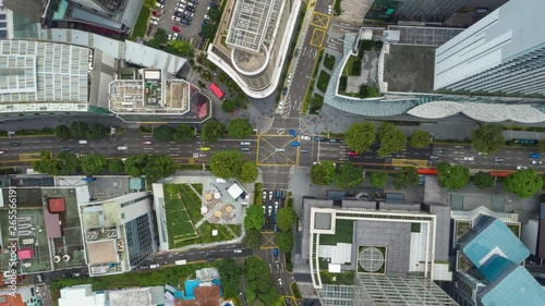 day time singapore cityscape traffic street crossroad aerial topdown panorama 4k timelapse