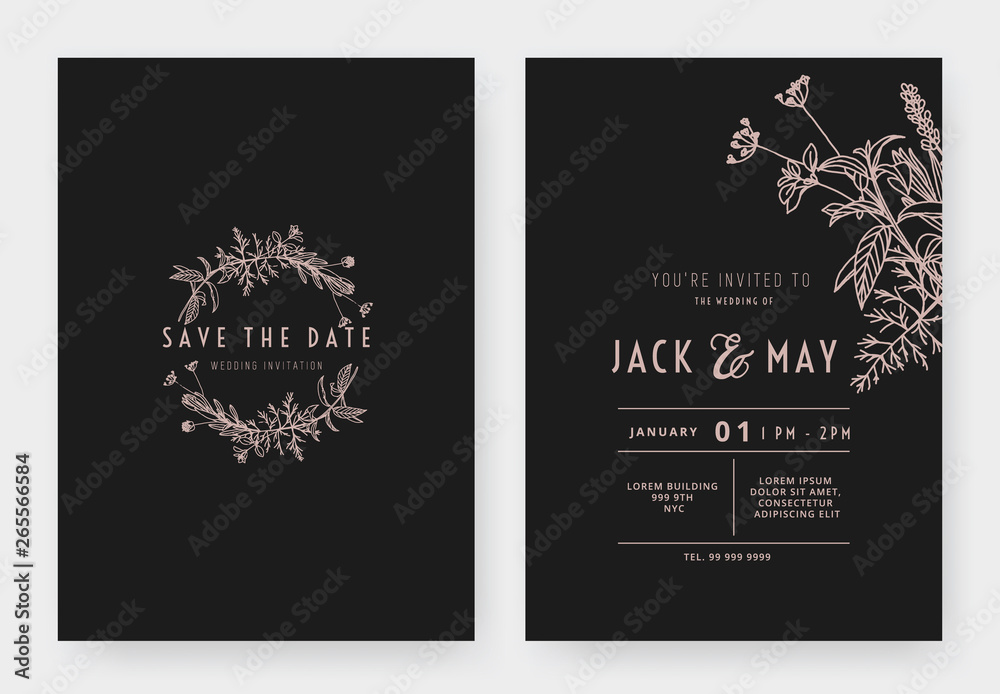 Minimalist wedding invitation card template design, circle floral wreath, line art ink drawing in pink and dark grey tones Minimalist wedding invitation card template design, circle floral wreath, line art ink drawing in pink and dark grey tones
