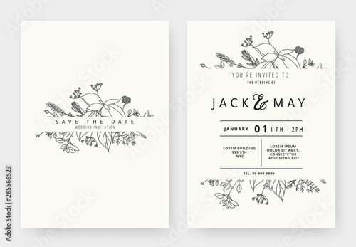 Minimalist wedding invitation card template design, floral black line art ink drawing with label on light grey photo