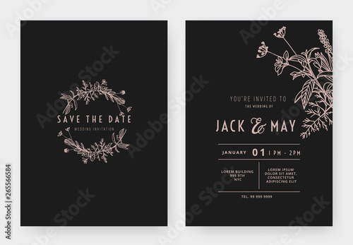 Minimalist wedding invitation card template design, circle floral wreath, line art ink drawing in pink and dark grey tones