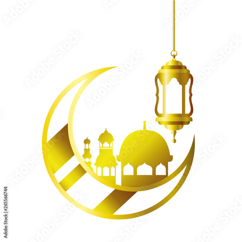 moon hanging with ramadan kareem mosque buildings