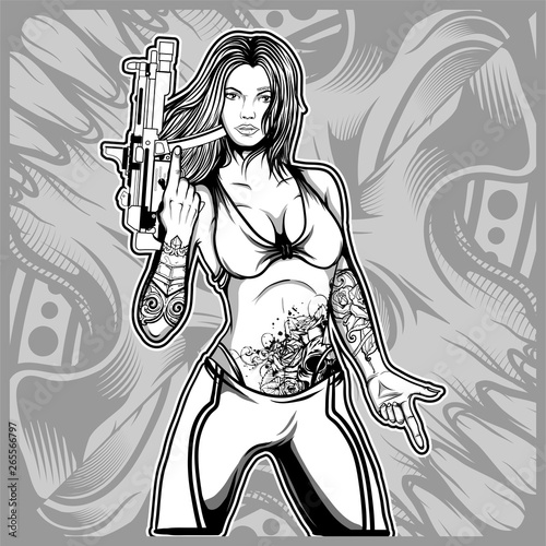 sexy woman holding a gun hand drawing vector