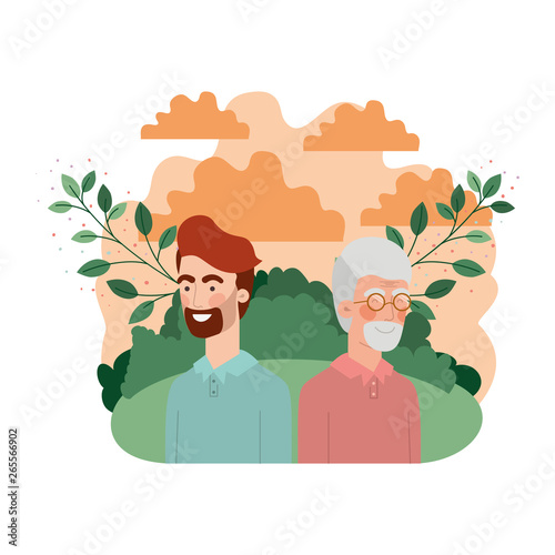 father with son in landscape and foliage character