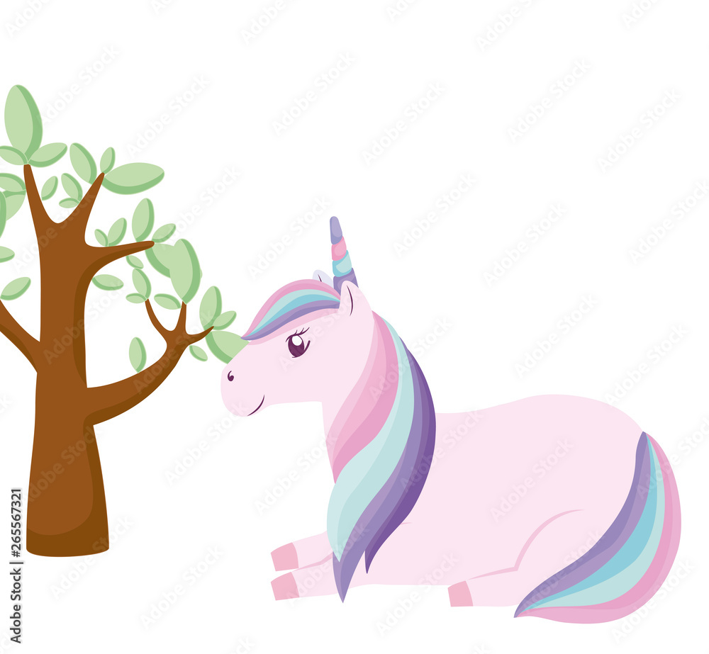 cute unicorn animal with tree plant