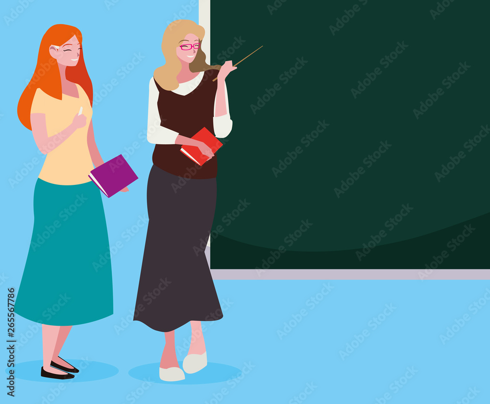 female teachers couple with textbooks and chalkboard female teachers couple with textbooks and chalkboard