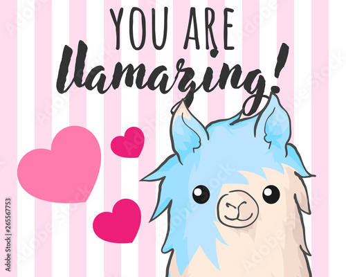 vector hand draw illustration of cute alpaca or llama on white background with pink stripes and hearts cartoon poster with lettering quote you are llamazing