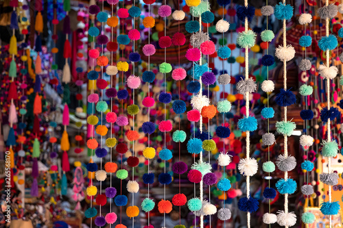 Colorful peruvian and andean handmade  handcraft  textile and woolen goods with traditional design for sale at Indian Market Miraflores  Lima