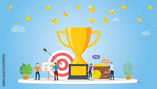 business goal achivement company concept with big golden trophy and team people with money and graph chart - vector photo