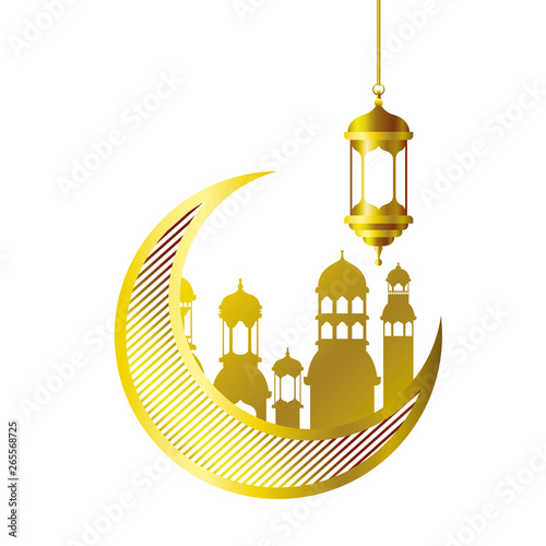 moon hanging with ramadan kareem mosque buildings