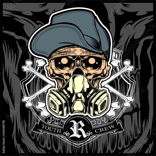 skull wearing hat and gas mask vector