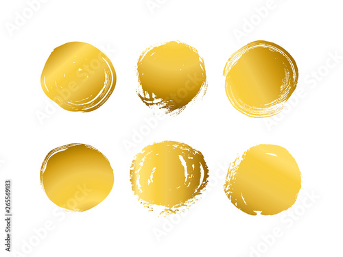 Round Brush strokes grunge design elements with gold texture.