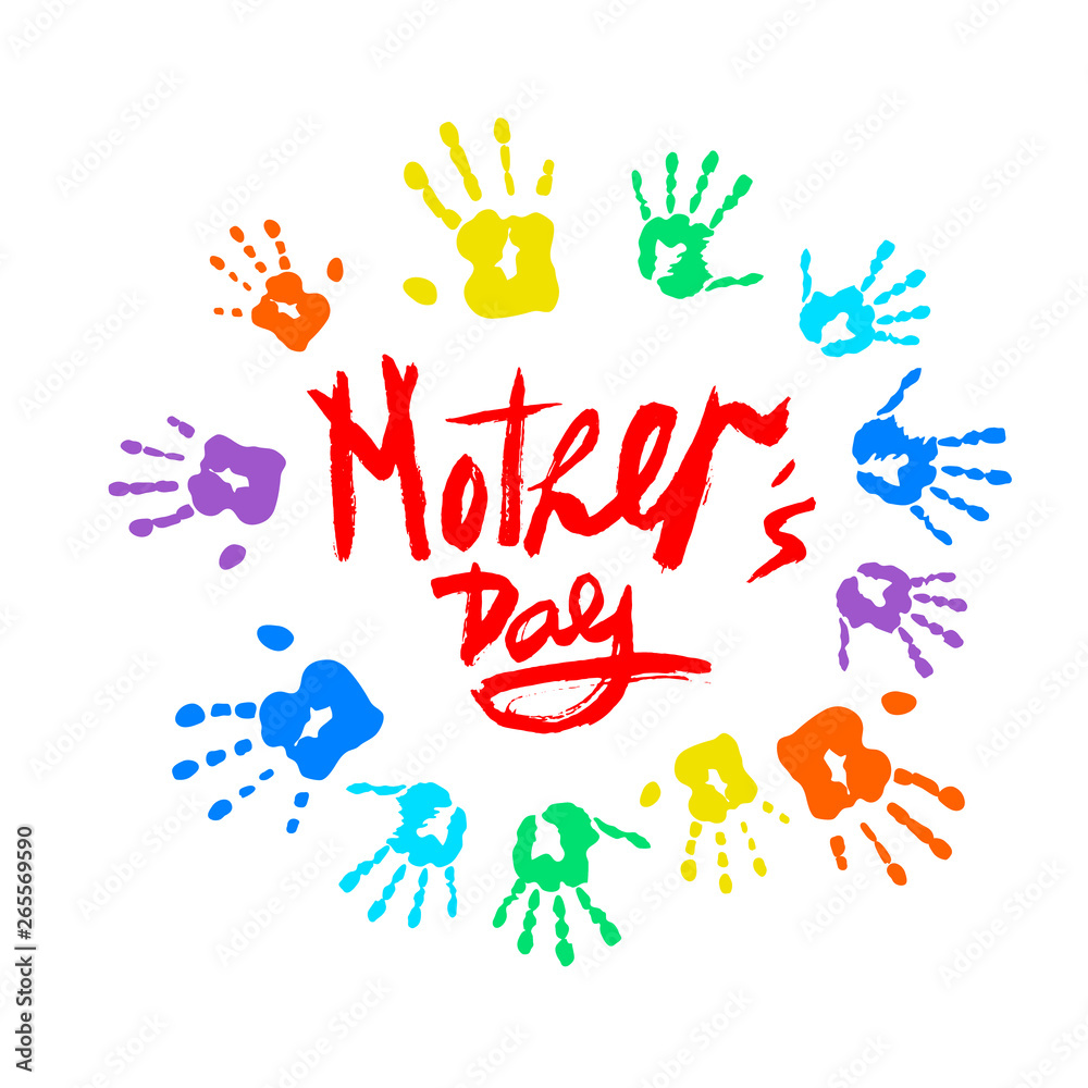 Vector Hand drawn lettering Happy Mothers Day on white background. Bright modern naive inscription for design, background, card, print, sticker, banner. Greeting card with text and decorative elements
