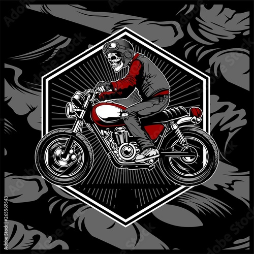 skull wearing a helmet riding an old motorcycle,vector