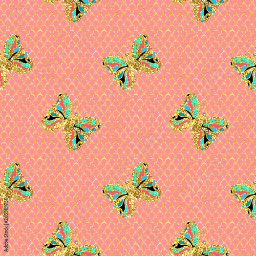 Golden Glitter sparkling  butterfly  seamless carnival pattern