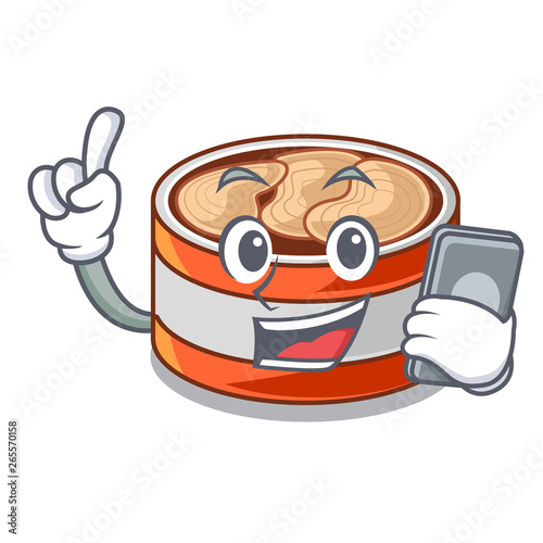 With phone canned tuna isolated with in mascot