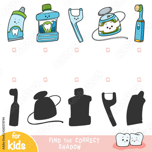 Find the correct shadow, education game, set of objects for the care of teeth