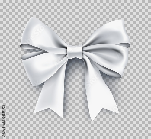 Decorative white bow with ribbon. Elegant silk accessory for female clothes. Sensual design element isolated on transparent background. Realistic luxury object from silk vector illustration.