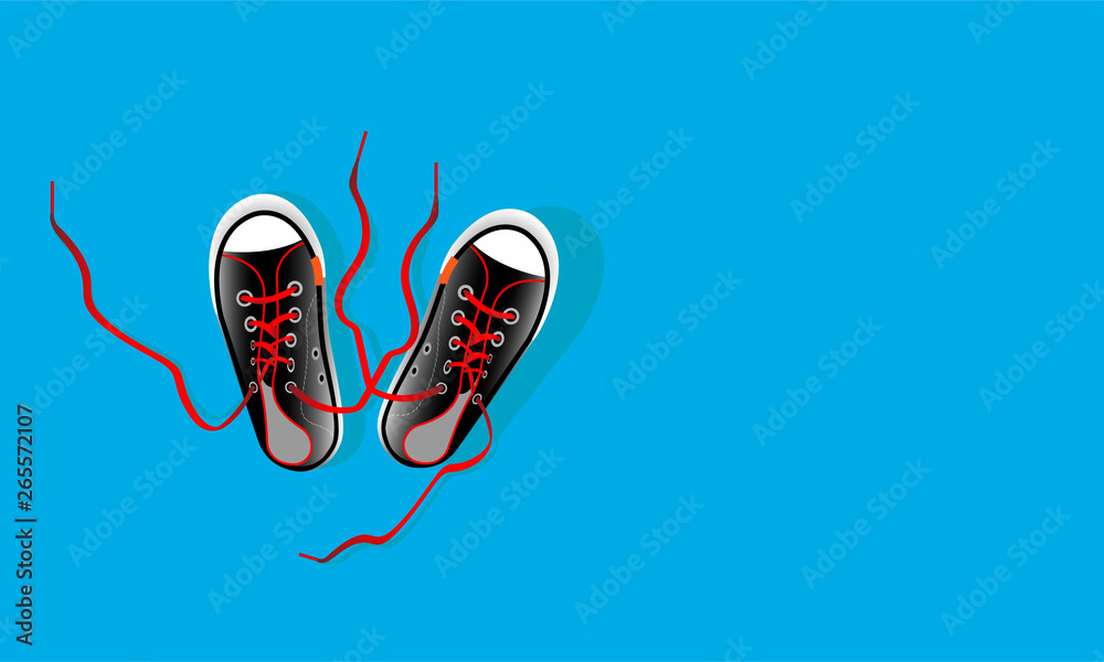 Pair textile sneaker with rubber toe and loose lacing. Shoes of modern teenagers skaters. Isolated on blue background.