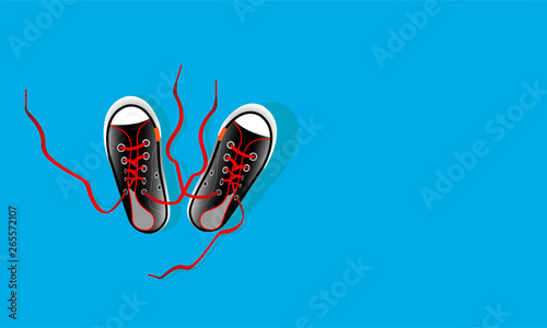 Pair textile sneaker with rubber toe and loose lacing. Shoes of modern teenagers skaters. Isolated on blue background.