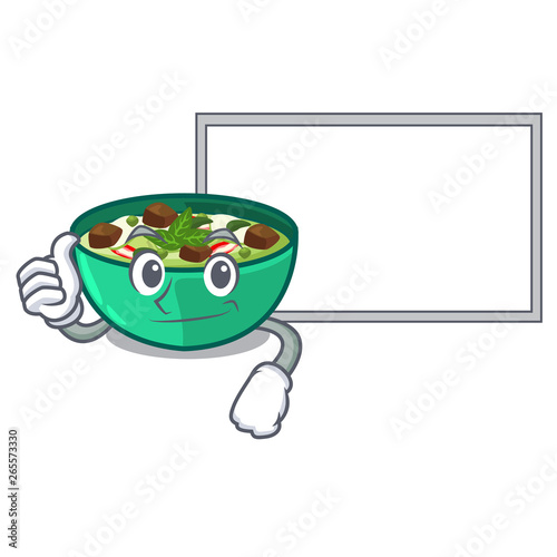 Thumbs up with board green churry served in cartoon bowl
