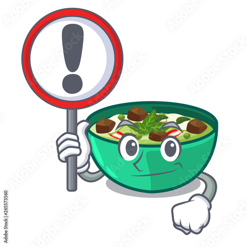 With sign green churry served in cartoon bowl