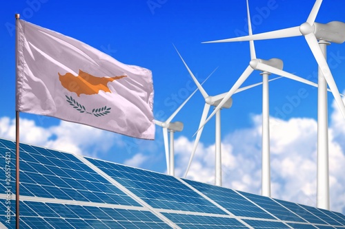 Cyprus solar and wind energy, renewable energy concept with solar panels - renewable energy against global warming - industrial illustration, 3D illustration