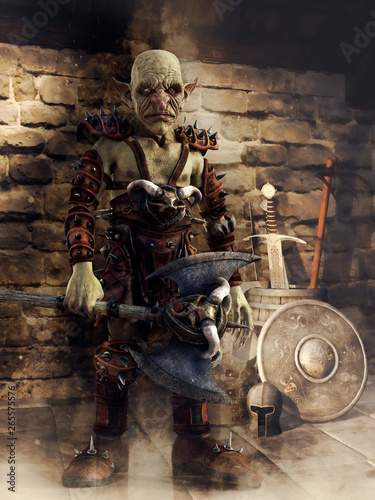 Fantasy goblin warrior with an axe standing in a medieval armory. 3D render.